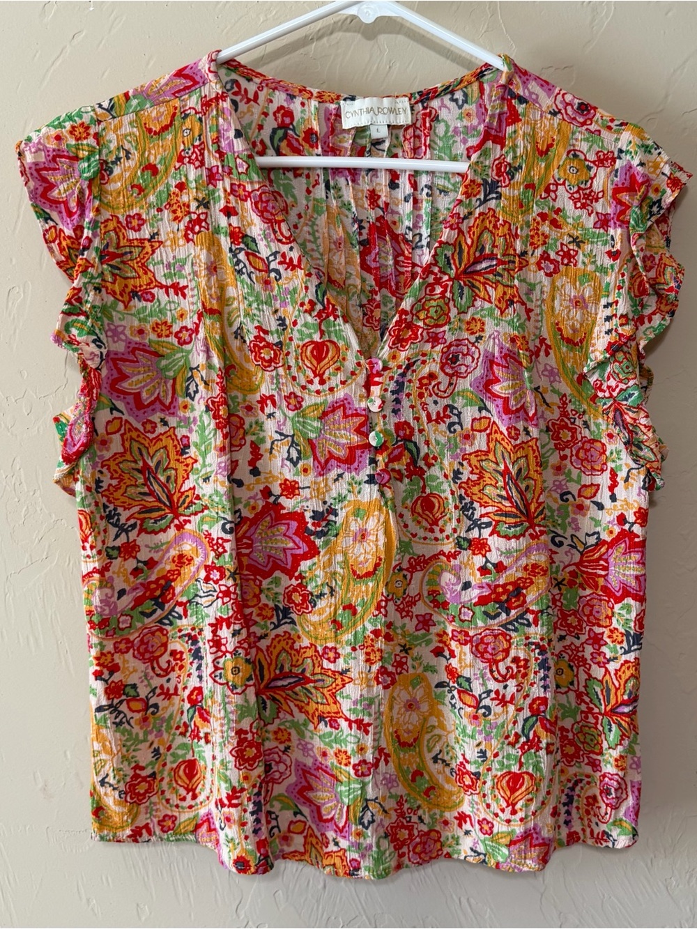 Cynthia Rowley Multicolor Floral Paisley Cap Sleeve Top L but fits more like a M